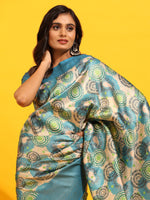 Thumbnail for Turquoise Silk Blend Woven Zari Design Floral Saree with Unstitched Blouse - Hiral Fashion - Distacart