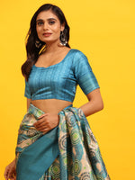 Thumbnail for Turquoise Silk Blend Woven Zari Design Floral Saree with Unstitched Blouse - Hiral Fashion - Distacart