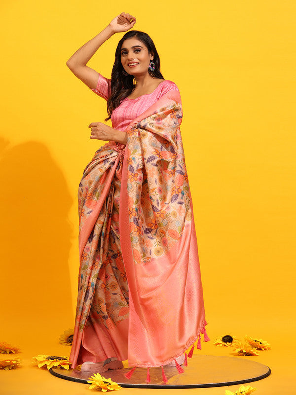 Pink Silk Blend Woven Zari Design Floral Saree with Unstitched Blouse - Hiral Fashion - Distacart