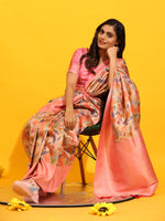 Thumbnail for Pink Silk Blend Woven Zari Design Floral Saree with Unstitched Blouse - Hiral Fashion - Distacart