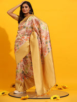 Thumbnail for Yellow Silk Blend Woven Zari Design Floral Saree with Unstitched Blouse - Hiral Fashion - Distacart