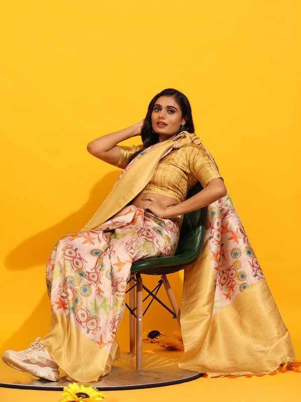 Yellow Silk Blend Woven Zari Design Floral Saree with Unstitched Blouse - Hiral Fashion - Distacart