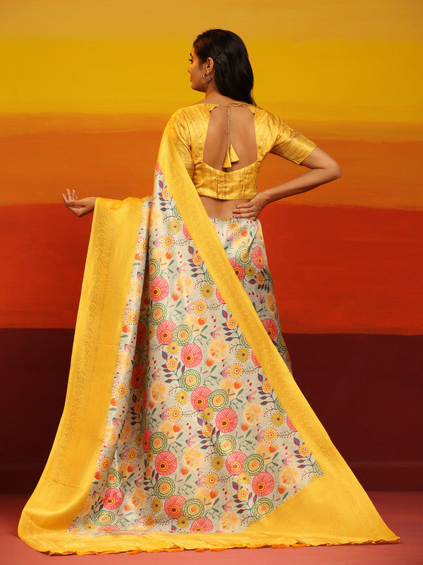 Yellow Silk Blend Woven Zari Design Floral Saree with Unstitched Blouse - Hiral Fashion - Distacart