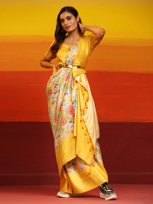 Yellow Silk Blend Woven Zari Design Floral Saree with Unstitched Blouse - Hiral Fashion - Distacart