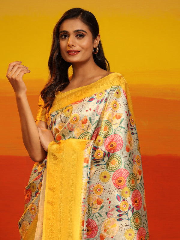 Yellow Silk Blend Woven Zari Design Floral Saree with Unstitched Blouse - Hiral Fashion - Distacart