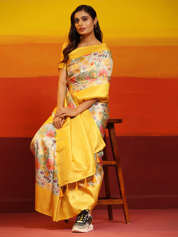 Yellow Silk Blend Woven Zari Design Floral Saree with Unstitched Blouse - Hiral Fashion - Distacart