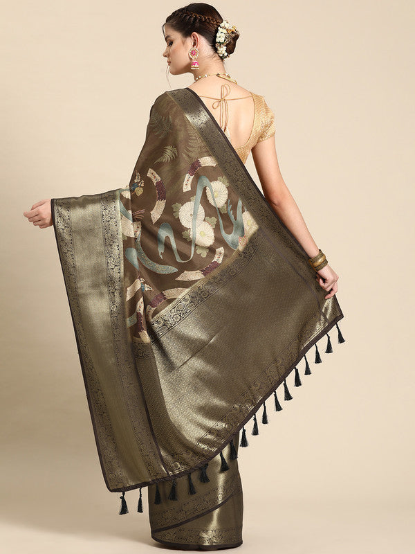 Multicolor Kanchipuram Silk Digital Print Floral Saree with Unstitched Blouse - Hiral Fashion - Distacart