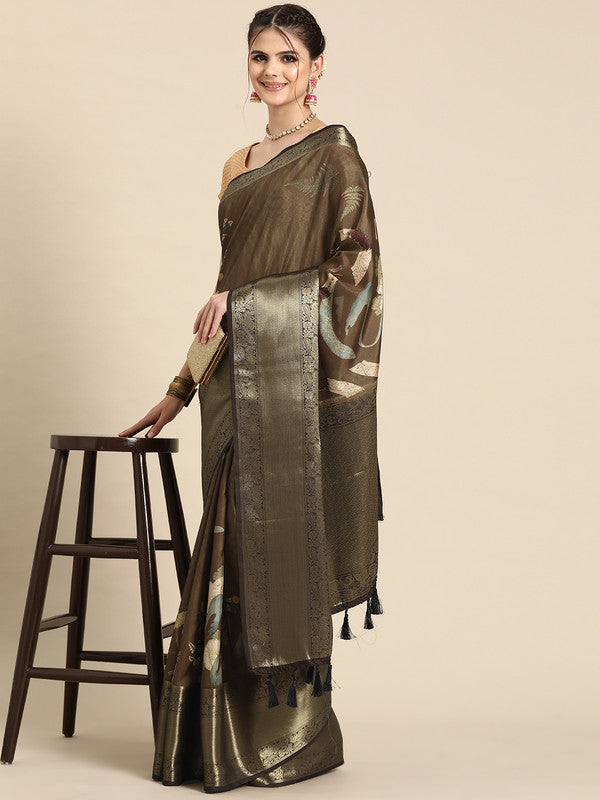 Multicolor Kanchipuram Silk Digital Print Floral Saree with Unstitched Blouse - Hiral Fashion - Distacart