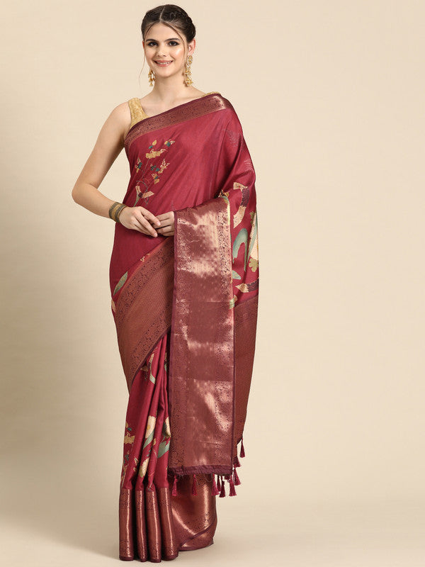 Red Kanchipuram Silk Digital Print Floral Saree with Unstitched Blouse - Hiral Fashion - Distacart