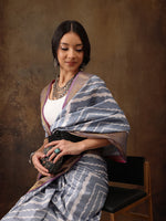 Thumbnail for Gray Silk Blend Digital Print Striped Saree with Unstitched Blouse - Hiral Fashion - Distacart