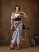 Thumbnail for Gray Silk Blend Digital Print Striped Saree with Unstitched Blouse - Hiral Fashion - Distacart