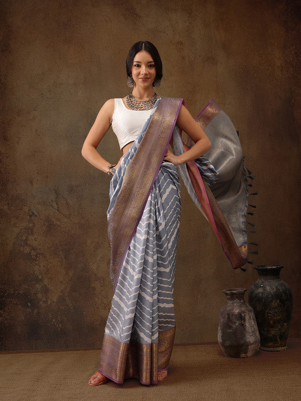 Gray Silk Blend Digital Print Striped Saree with Unstitched Blouse - Hiral Fashion - Distacart