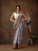 Thumbnail for Gray Silk Blend Digital Print Striped Saree with Unstitched Blouse - Hiral Fashion - Distacart