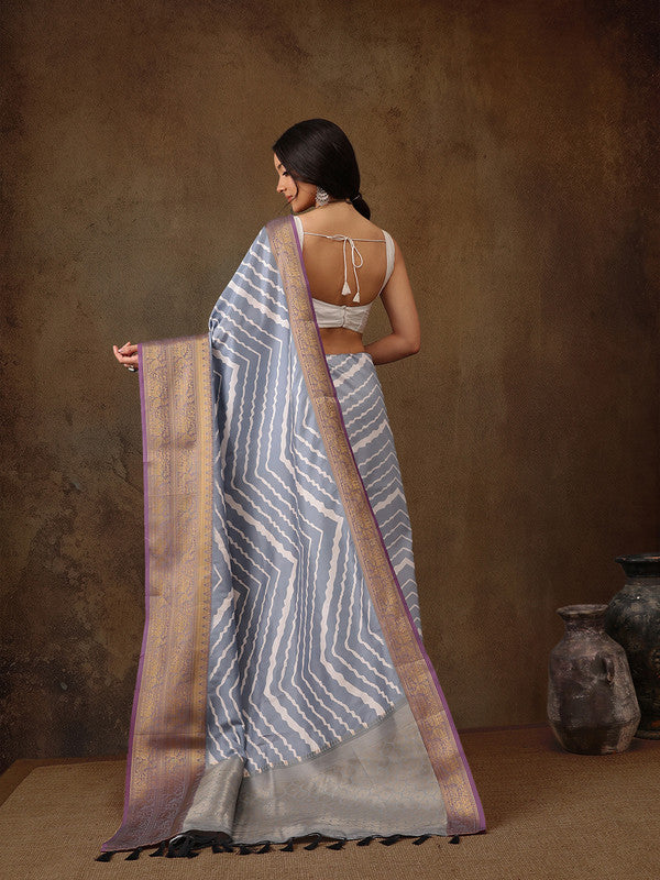 Gray Silk Blend Digital Print Striped Saree with Unstitched Blouse - Hiral Fashion - Distacart