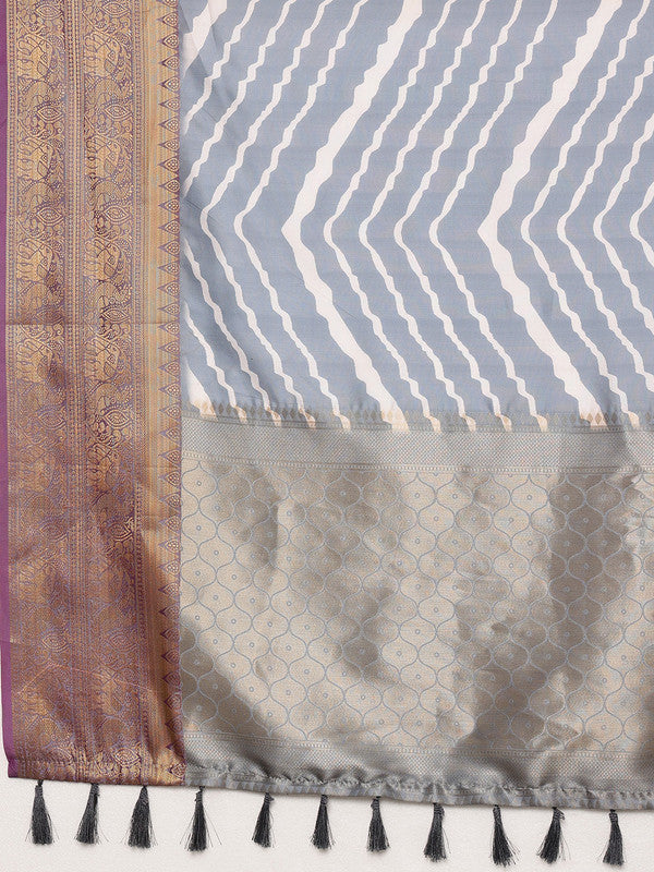 Gray Silk Blend Digital Print Striped Saree with Unstitched Blouse - Hiral Fashion - Distacart