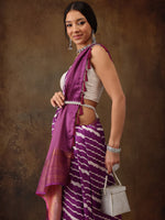 Thumbnail for Lavender Silk Blend Digital Print Striped Saree with Unstitched Blouse - Hiral Fashion - Distacart