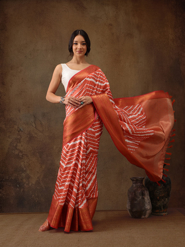 Peach Silk Blend Digital Print Striped Saree with Unstitched Blouse - Hiral Fashion - Distacart