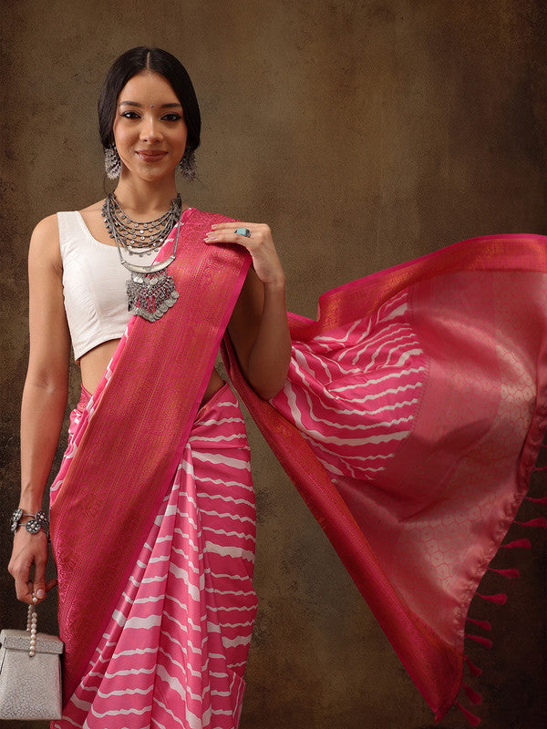 Pink Silk Blend Digital Print Striped Saree with Unstitched Blouse - Hiral Fashion - Distacart