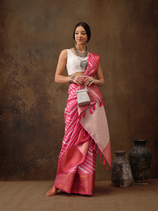 Pink Silk Blend Digital Print Striped Saree with Unstitched Blouse - Hiral Fashion - Distacart