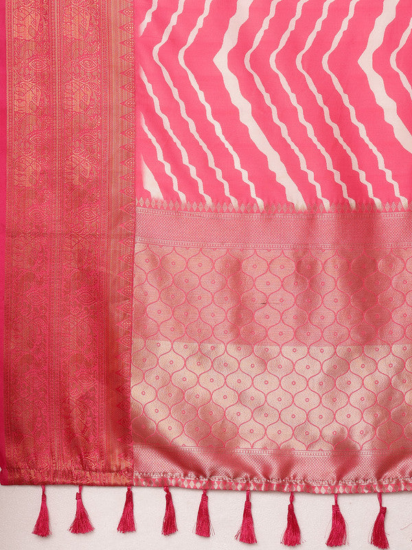 Pink Silk Blend Digital Print Striped Saree with Unstitched Blouse - Hiral Fashion - Distacart