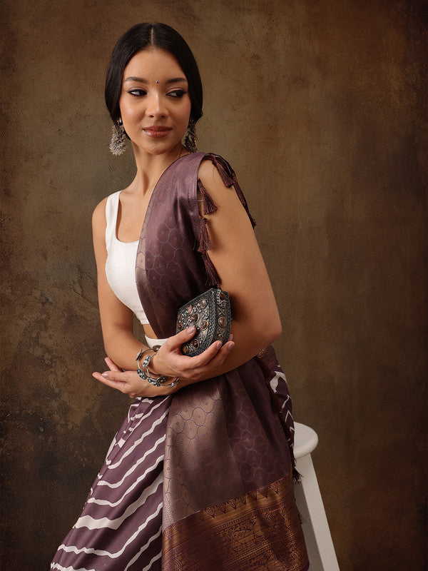 Purple Silk Blend Digital Print Striped Saree with Unstitched Blouse - Hiral Fashion - Distacart