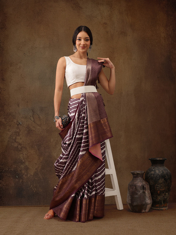 Purple Silk Blend Digital Print Striped Saree with Unstitched Blouse - Hiral Fashion - Distacart