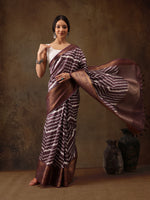 Thumbnail for Purple Silk Blend Digital Print Striped Saree with Unstitched Blouse - Hiral Fashion - Distacart