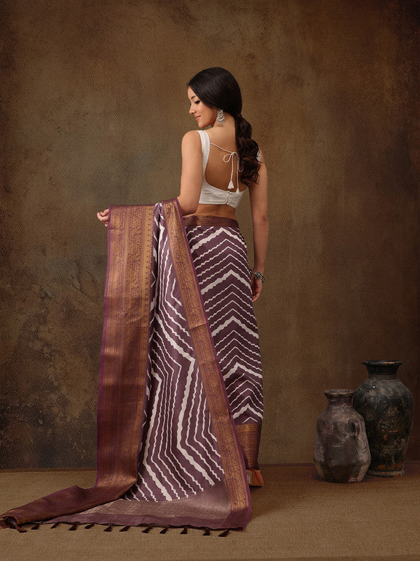 Purple Silk Blend Digital Print Striped Saree with Unstitched Blouse - Hiral Fashion - Distacart