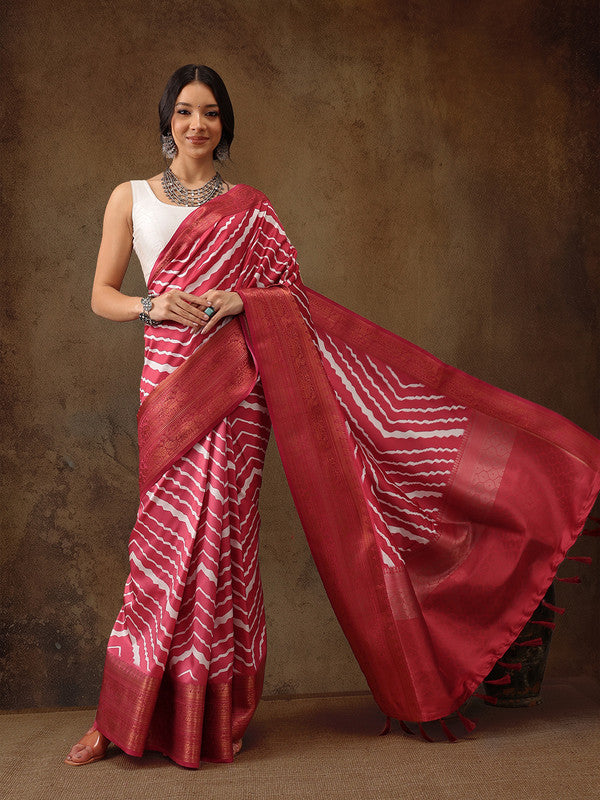 Red Silk Blend Digital Print Striped Saree with Unstitched Blouse - Hiral Fashion - Distacart
