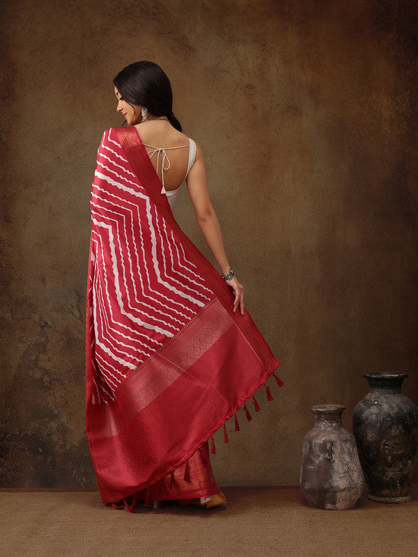 Red Silk Blend Digital Print Striped Saree with Unstitched Blouse - Hiral Fashion - Distacart
