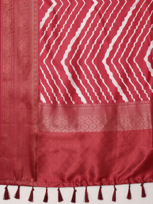 Red Silk Blend Digital Print Striped Saree with Unstitched Blouse - Hiral Fashion - Distacart