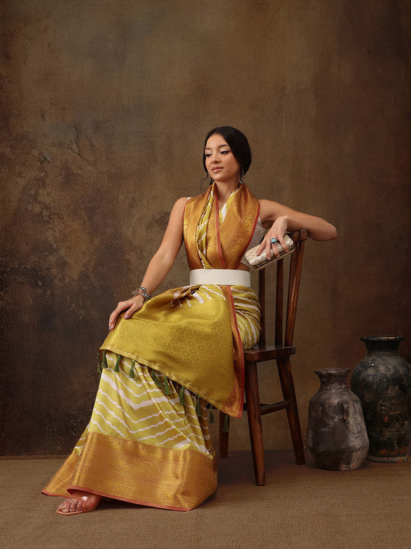Yellow Silk Blend Digital Print Striped Saree with Unstitched Blouse - Hiral Fashion - Distacart