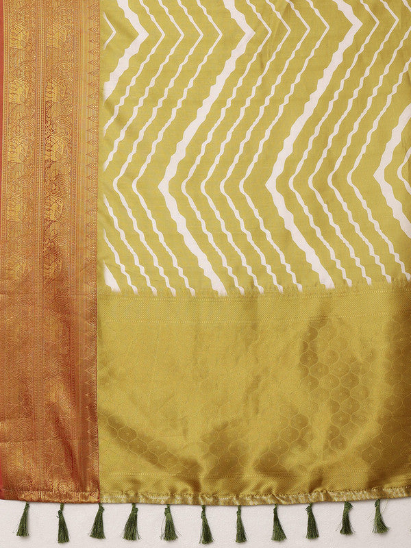 Yellow Silk Blend Digital Print Striped Saree with Unstitched Blouse - Hiral Fashion - Distacart