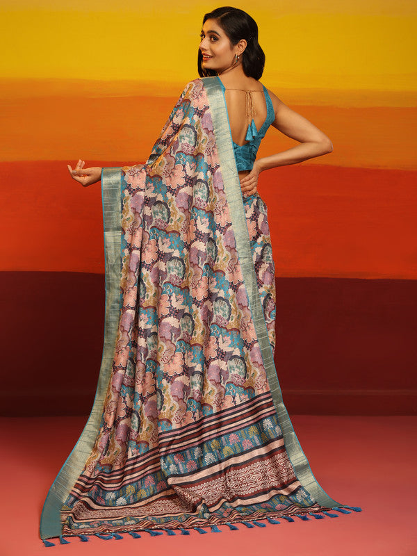 Turquoise Silk Blend Woven Zari Design Floral Saree with Unstitched Blouse - Hiral Fashion - Distacart