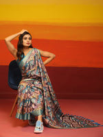 Thumbnail for Turquoise Silk Blend Woven Zari Design Floral Saree with Unstitched Blouse - Hiral Fashion - Distacart