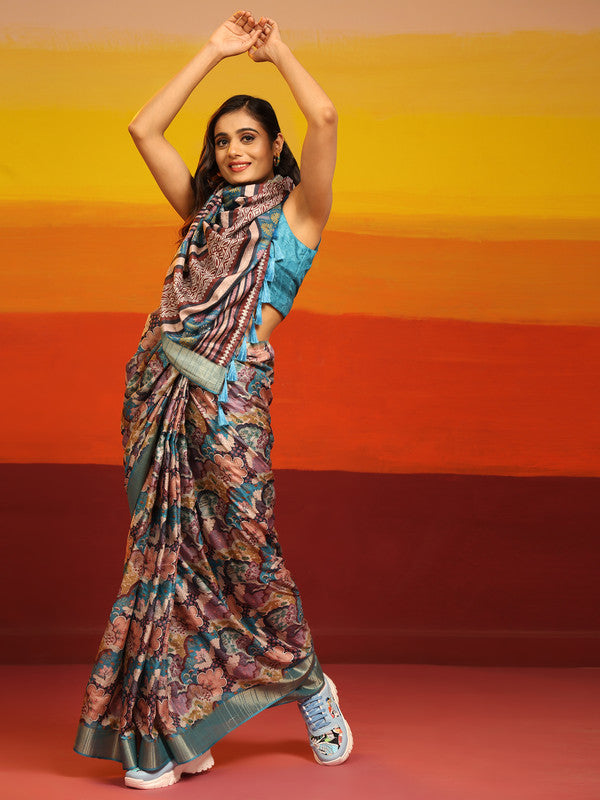 Turquoise Silk Blend Woven Zari Design Floral Saree with Unstitched Blouse - Hiral Fashion - Distacart