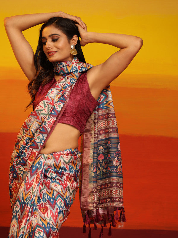 Pink Silk Blend Woven Zari Design Striped Saree with Unstitched Blouse - Hiral Fashion - Distacart