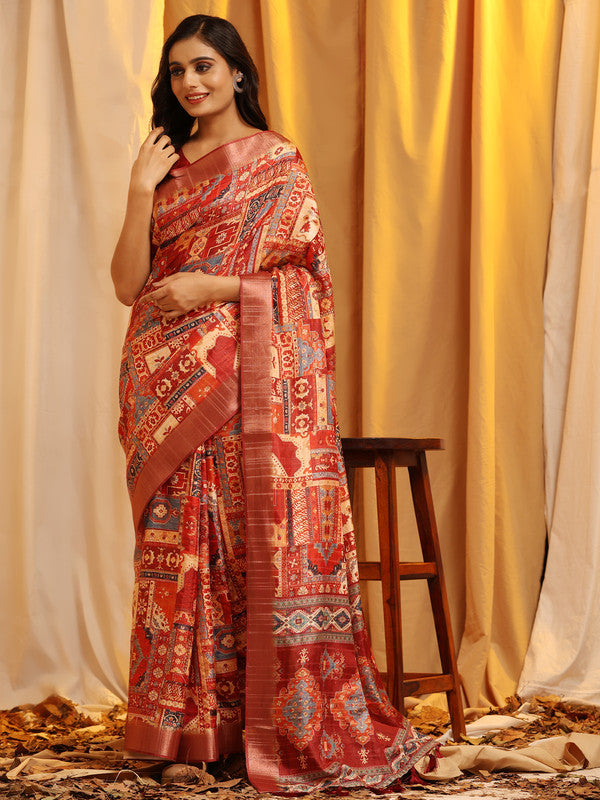 Cream Silk Blend Woven Zari Design Ethnic Motifs Saree with Unstitched Blouse - Hiral Fashion - Distacart
