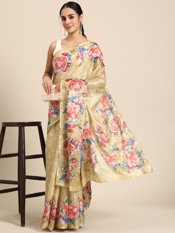Beige Cotton Blend Digital Print Floral Saree with Unstitched Blouse - Hiral Fashion - Distacart