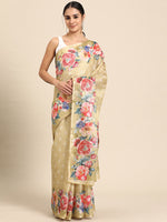 Thumbnail for Beige Cotton Blend Digital Print Floral Saree with Unstitched Blouse - Hiral Fashion - Distacart