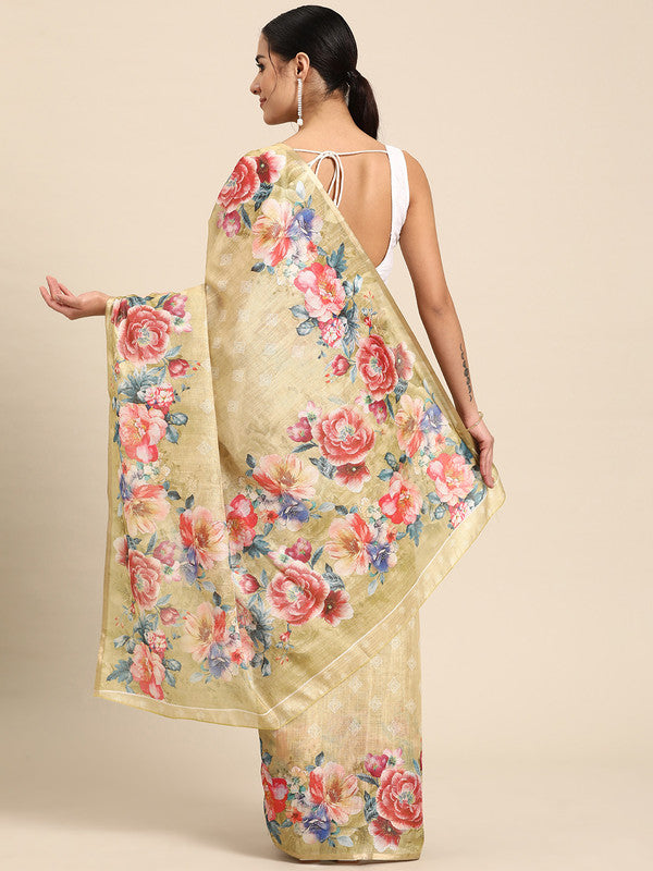 Beige Cotton Blend Digital Print Floral Saree with Unstitched Blouse - Hiral Fashion - Distacart