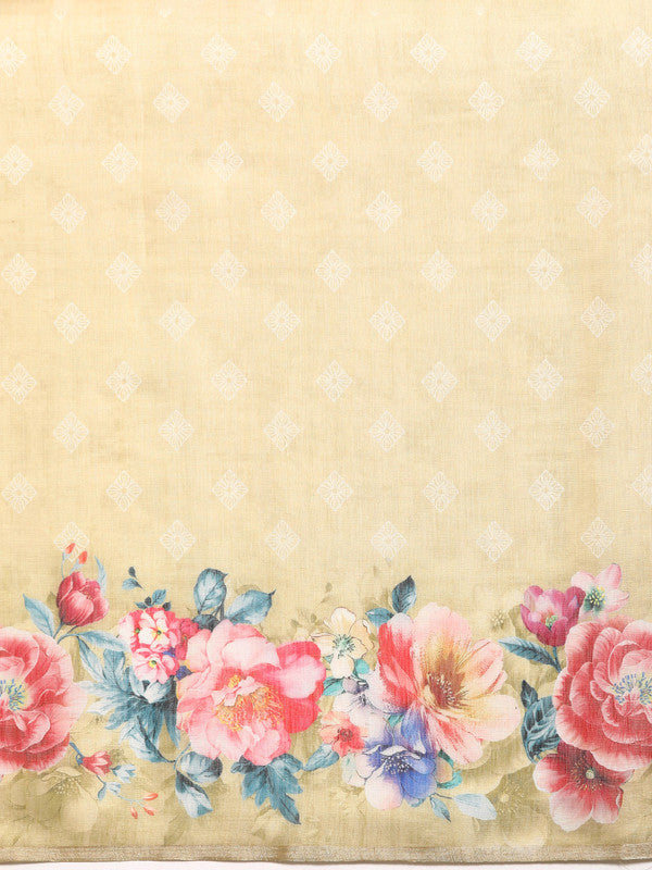 Beige Cotton Blend Digital Print Floral Saree with Unstitched Blouse - Hiral Fashion - Distacart