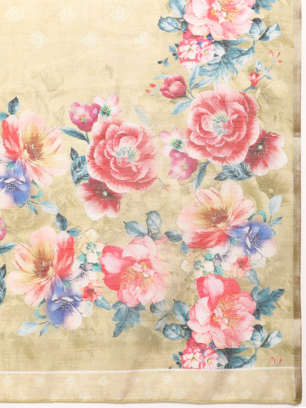 Beige Cotton Blend Digital Print Floral Saree with Unstitched Blouse - Hiral Fashion - Distacart