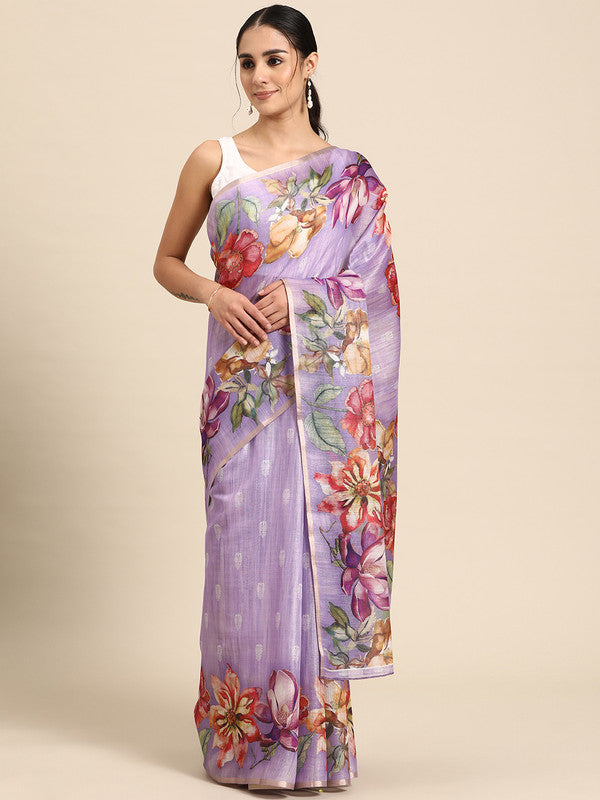 Lavender Cotton Blend Digital Print Floral Saree with Unstitched Blouse - Hiral Fashion - Distacart