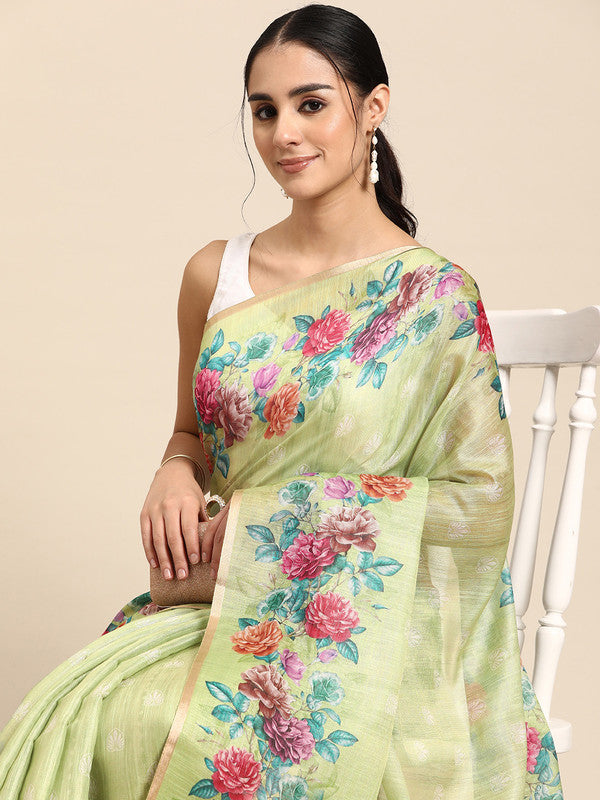 Olive Cotton Blend Digital Print Floral Saree with Unstitched Blouse - Hiral Fashion - Distacart
