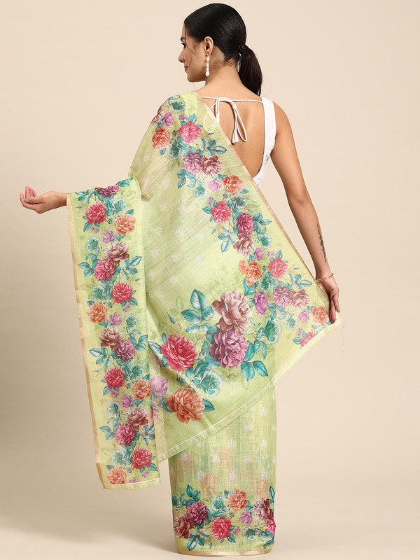 Olive Cotton Blend Digital Print Floral Saree with Unstitched Blouse - Hiral Fashion - Distacart