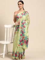 Thumbnail for Olive Cotton Blend Digital Print Floral Saree with Unstitched Blouse - Hiral Fashion - Distacart