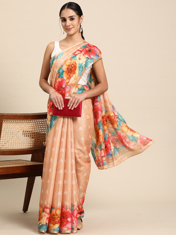 Peach Cotton Blend Digital Print Floral Saree with Unstitched Blouse - Hiral Fashion - Distacart