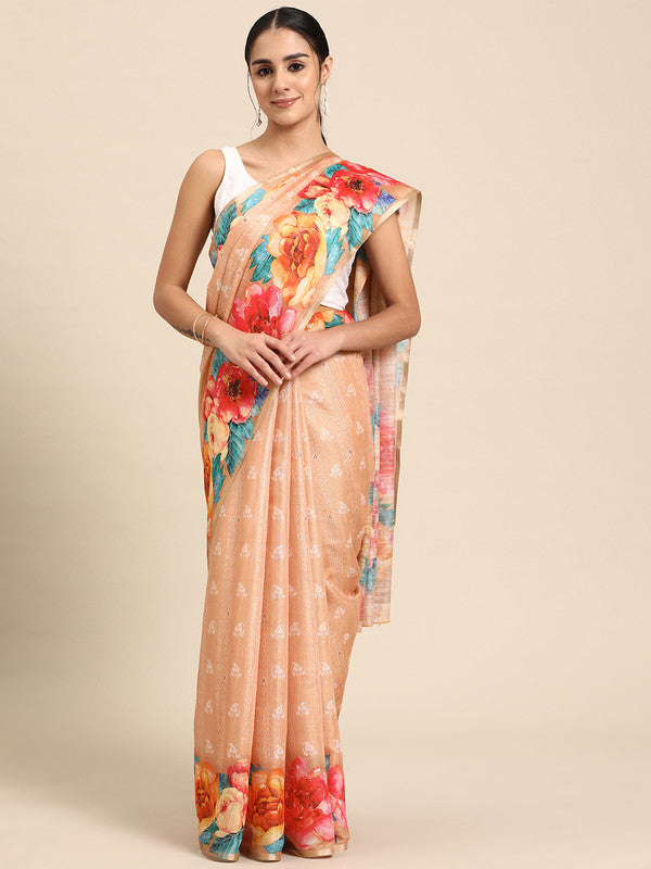 Peach Cotton Blend Digital Print Floral Saree with Unstitched Blouse - Hiral Fashion - Distacart