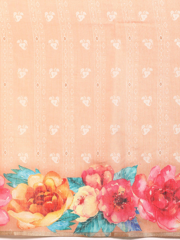 Peach Cotton Blend Digital Print Floral Saree with Unstitched Blouse - Hiral Fashion - Distacart